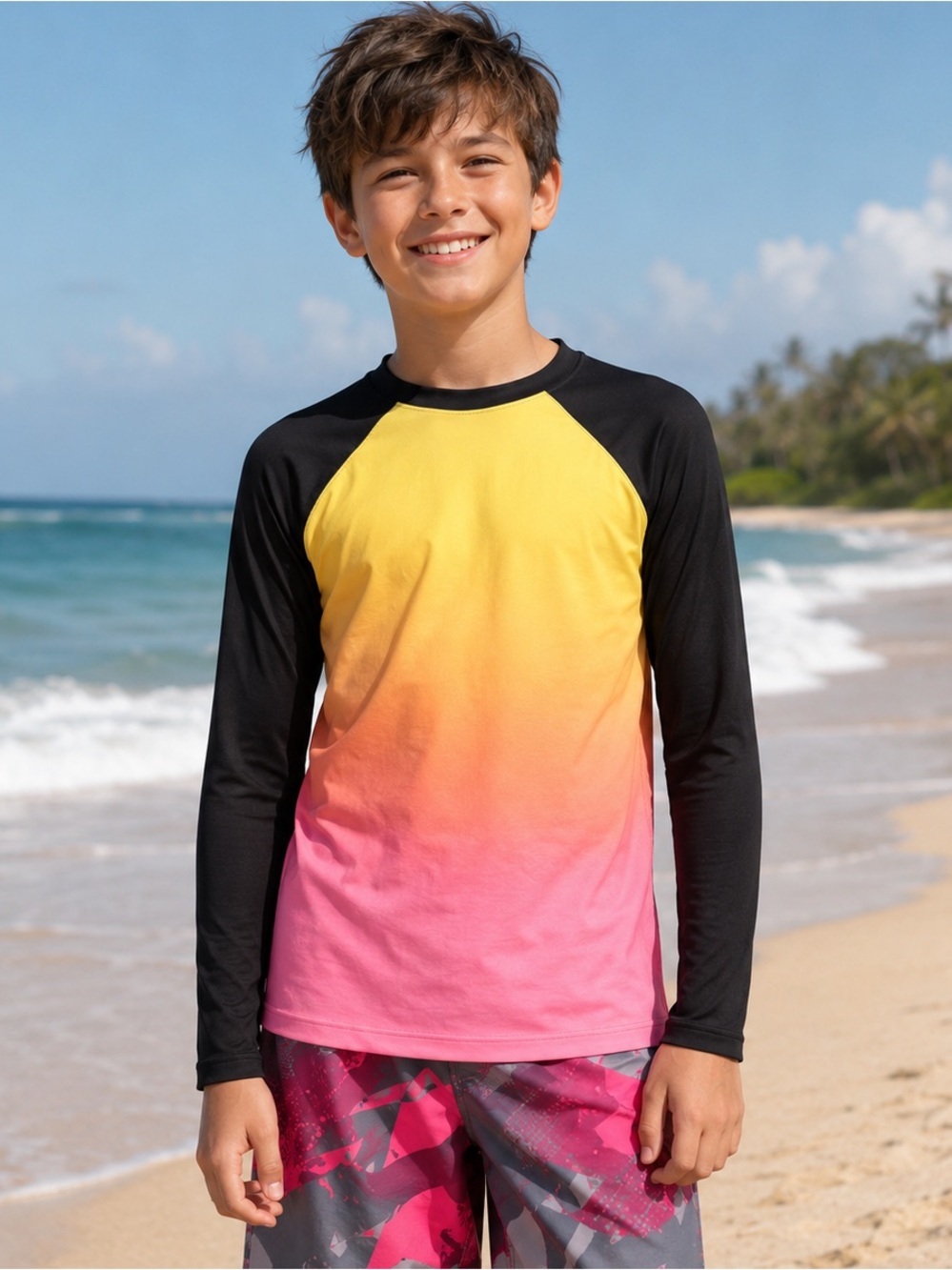 Old Navy Kids Long-Sleeve Rashguard in Black with Yellow-to-Pink Ombre